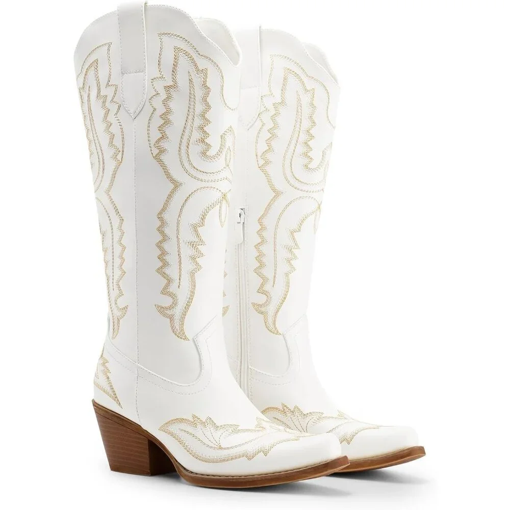 Women's White Square Toe Comfortable Side Zipper Tall Cowboy Knee High Boots